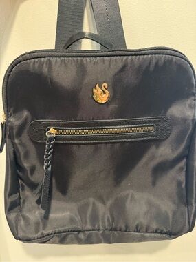 Swarovski Black Nylon Mini Backpack Gold Swan Logo Braided Zipper Pull NWOT